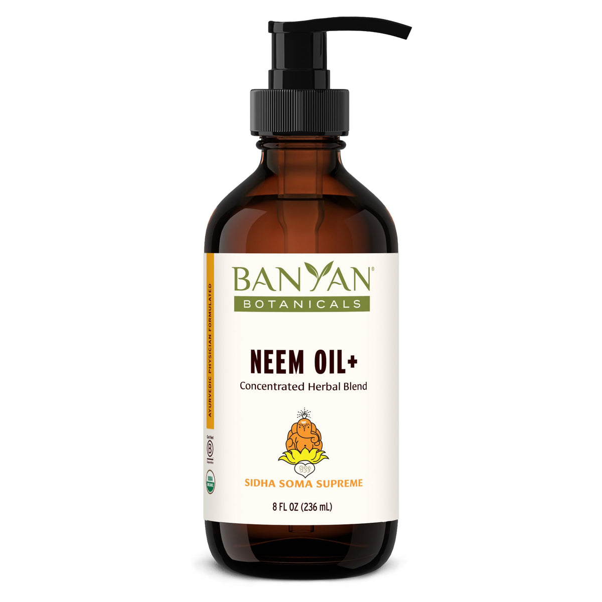 Front view of Banyan Botanicals Sidha Soma Supreme Neem Oil+ 8 oz bottle