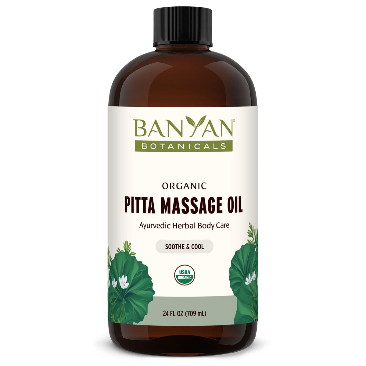 Banyan Botanicals Pitta Massage Oil bottle (24 oz) with label