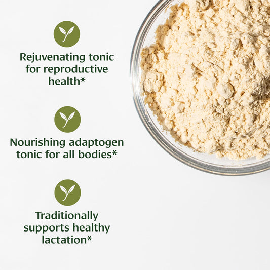 Organic Shatavari root powder jar labeled USDA Organic