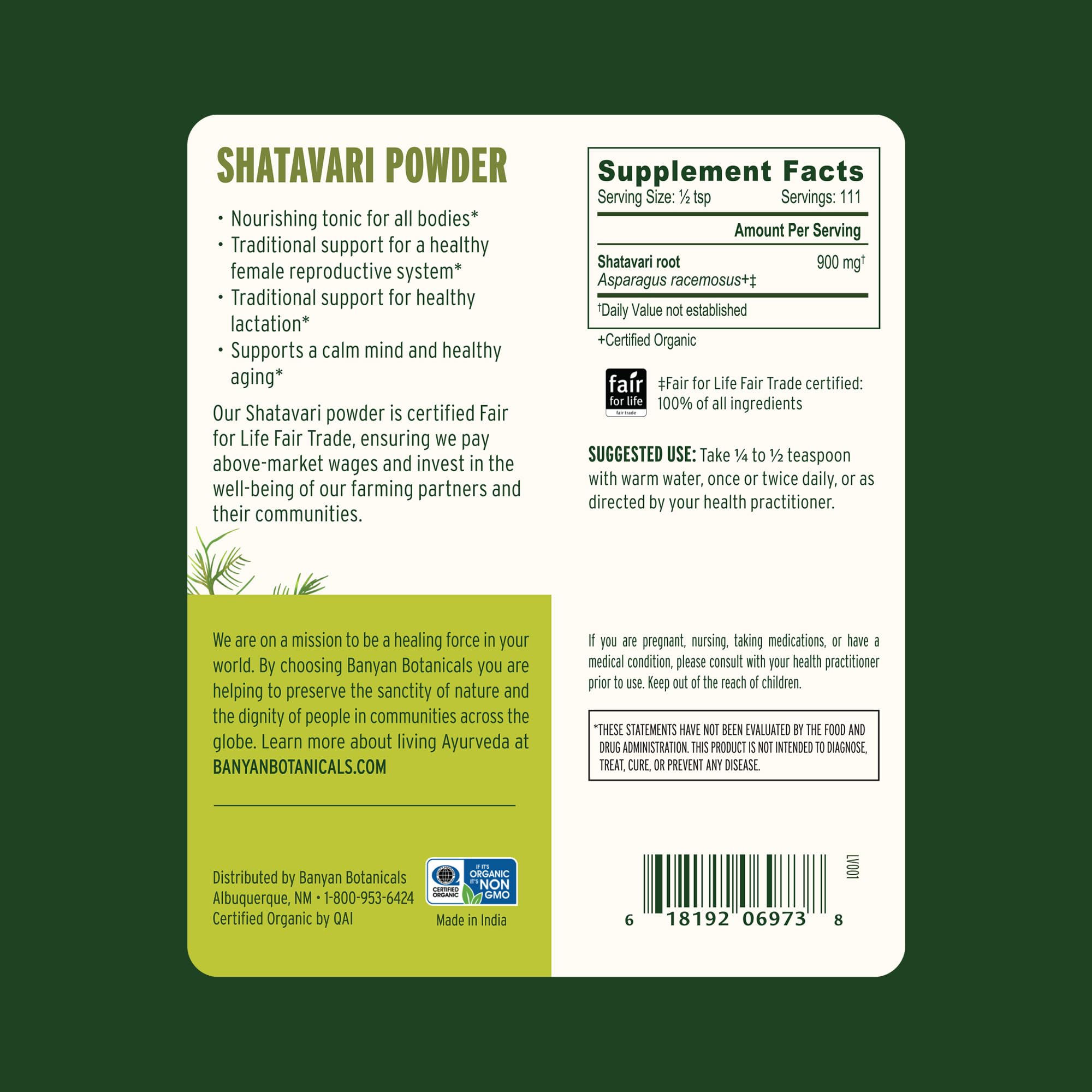 Non-GMO, sustainably sourced Shatavari root powder in glass jar