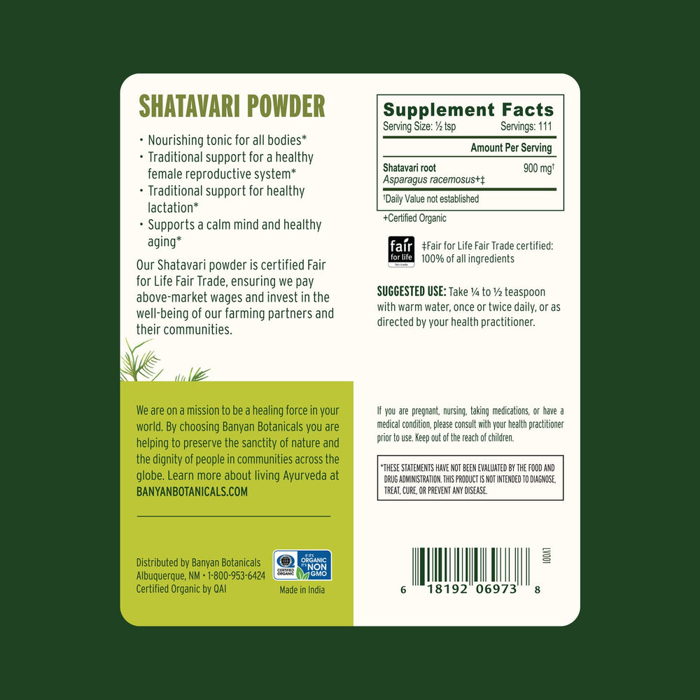 Non-GMO, sustainably sourced Shatavari root powder in glass jar