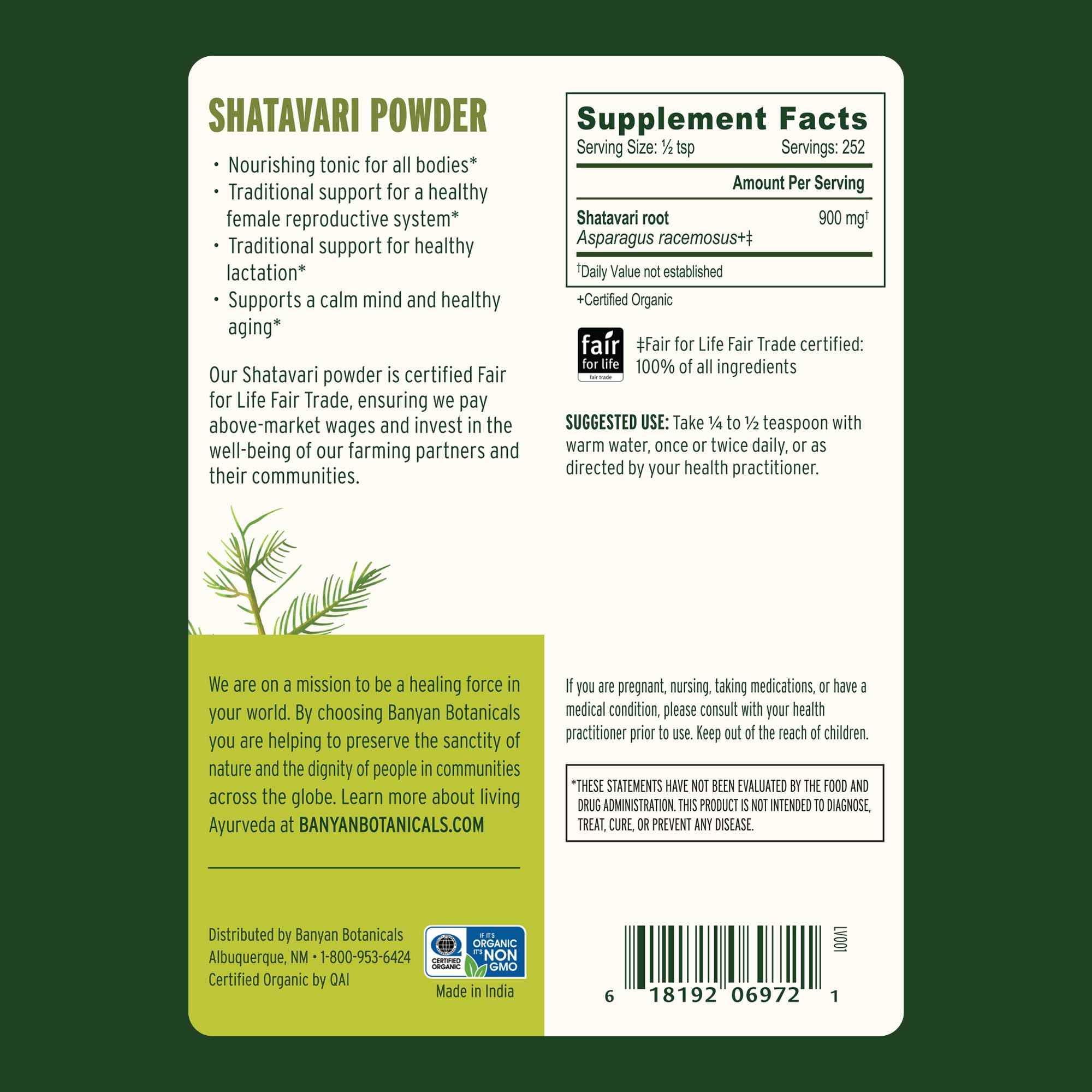 Label-side view of Banyan Botanicals Shatavari Powder jar