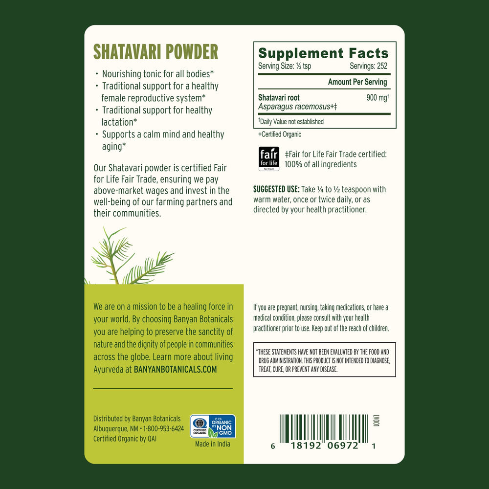 Label-side view of Banyan Botanicals Shatavari Powder jar
