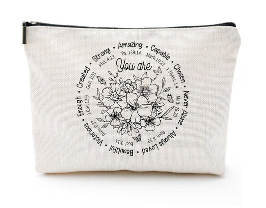 Baobeily You Are Amazing cosmetic bag front view with Bible verse for daily inspiration.