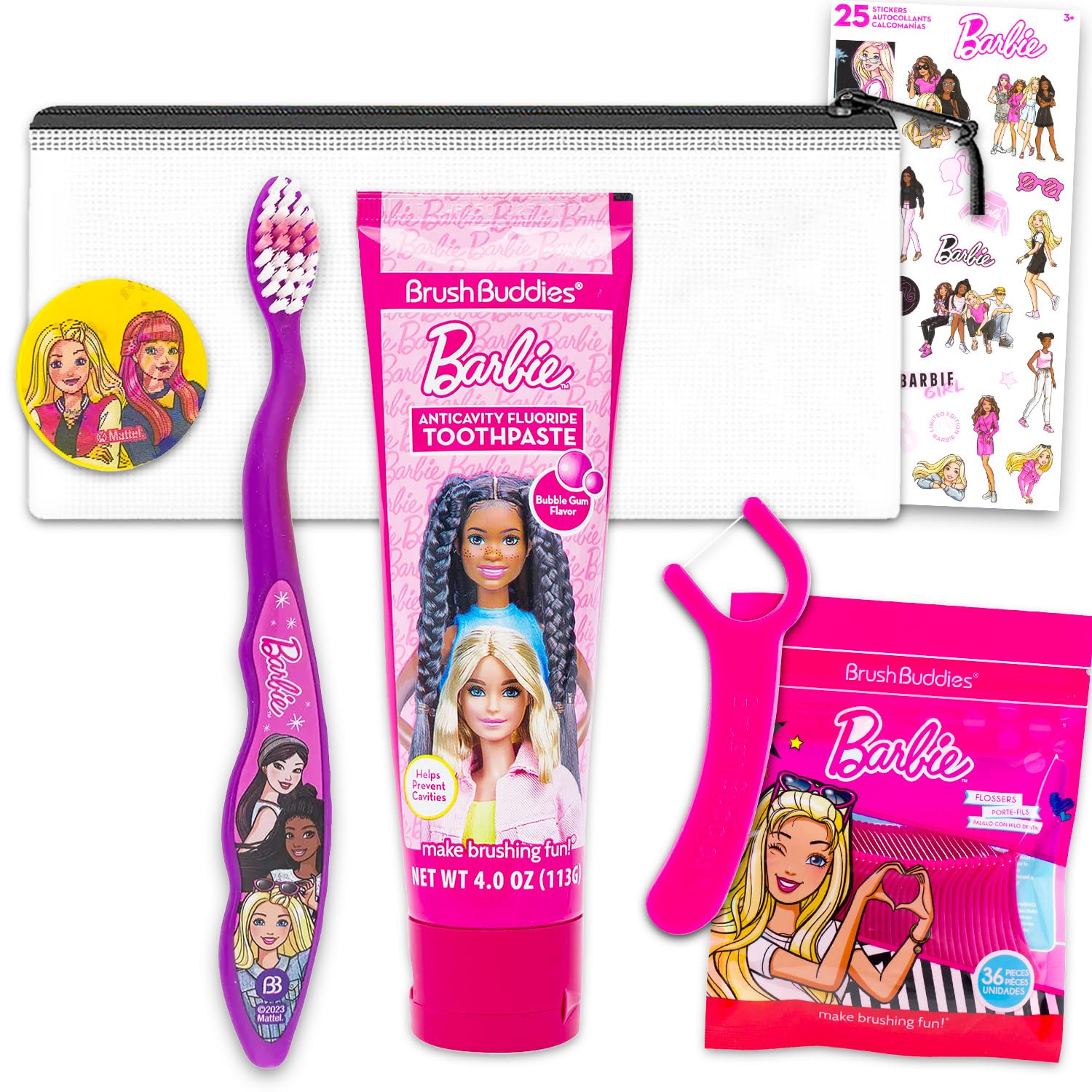 Barbie Oral Care Traveling Kit for Kids with toothbrush, toothpaste, floss, travel bag, and stickers