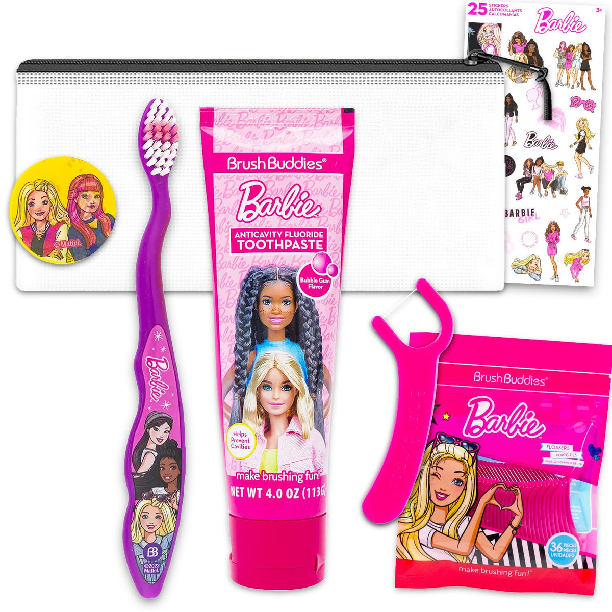 Barbie Oral Care Traveling Kit for Kids with toothbrush, toothpaste, floss, travel bag, and stickers