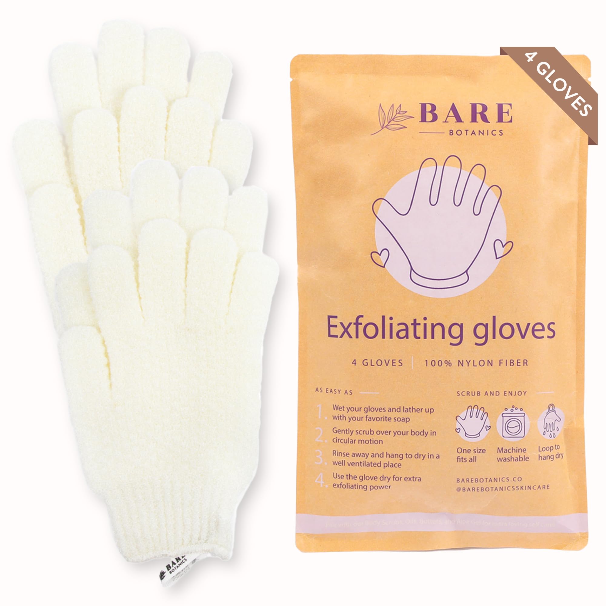 Bare Botanics front-view white exfoliating gloves for deep cleansing.
