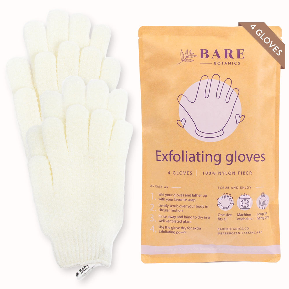 Bare Botanics front-view white exfoliating gloves for deep cleansing.