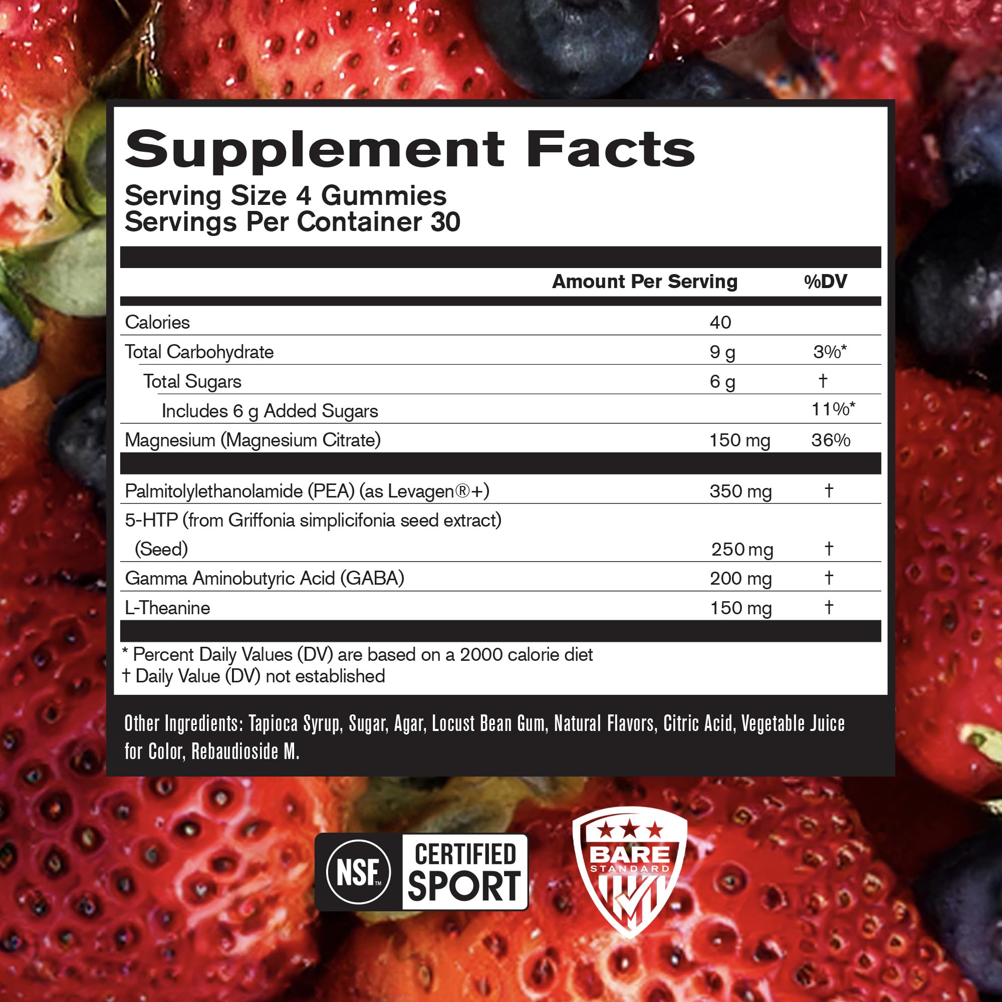 BARE PERFORMANCE NUTRITION BPN Peak Sleep Gummy berry closeup highlighting natural ingredients.