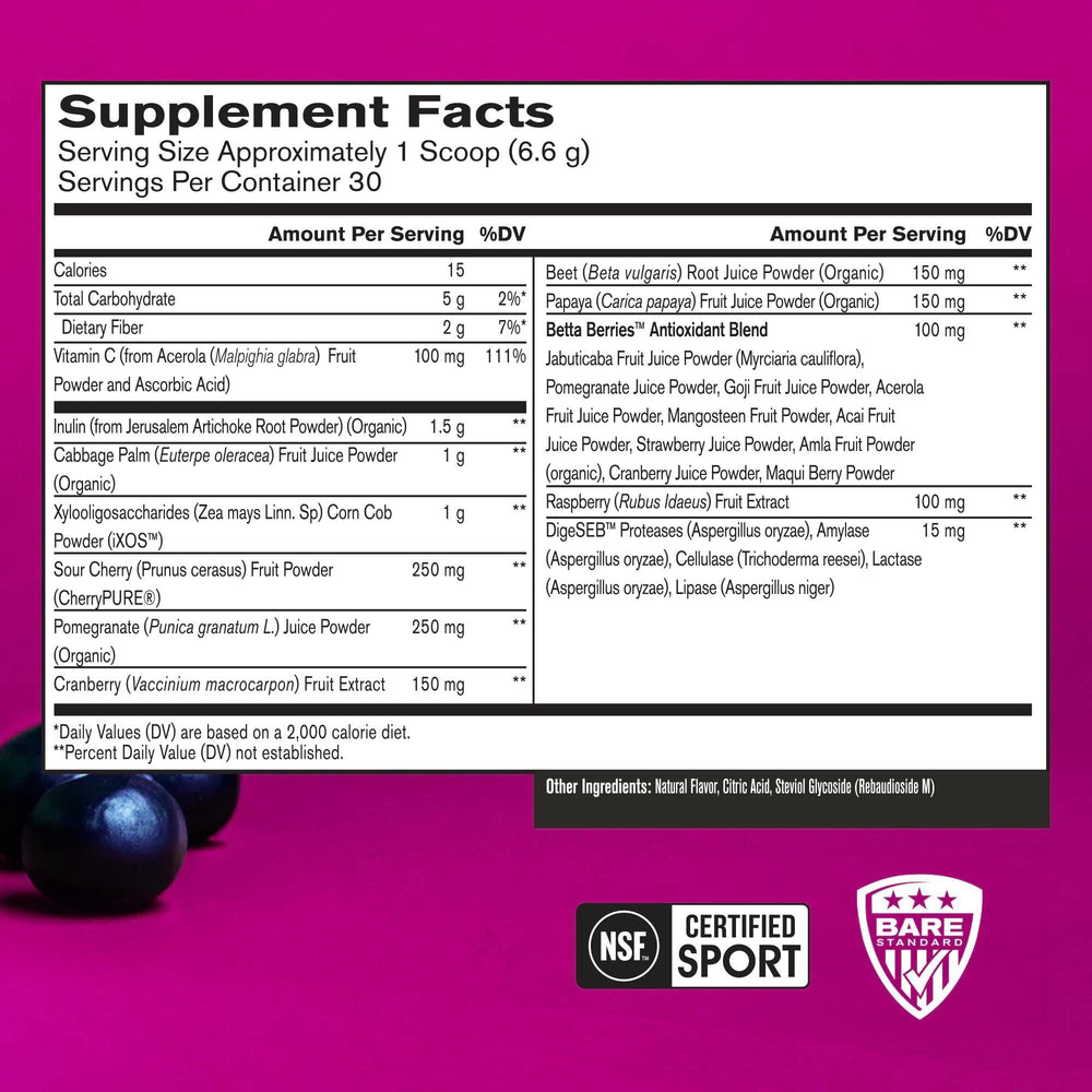 Antioxidant-rich fruit blend highlighting Acai, Cherry, Pomegranate and more