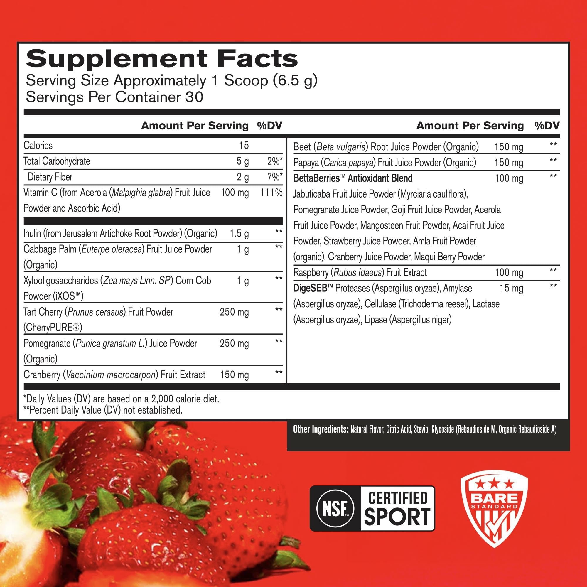 BARE PERFORMANCE NUTRITION Strong Reds label close-up highlighting antioxidant-rich formula for defense.