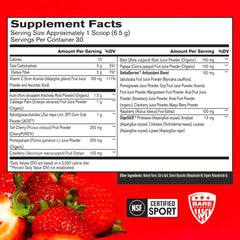 BARE PERFORMANCE NUTRITION Strong Reds label close-up highlighting antioxidant-rich formula for defense.