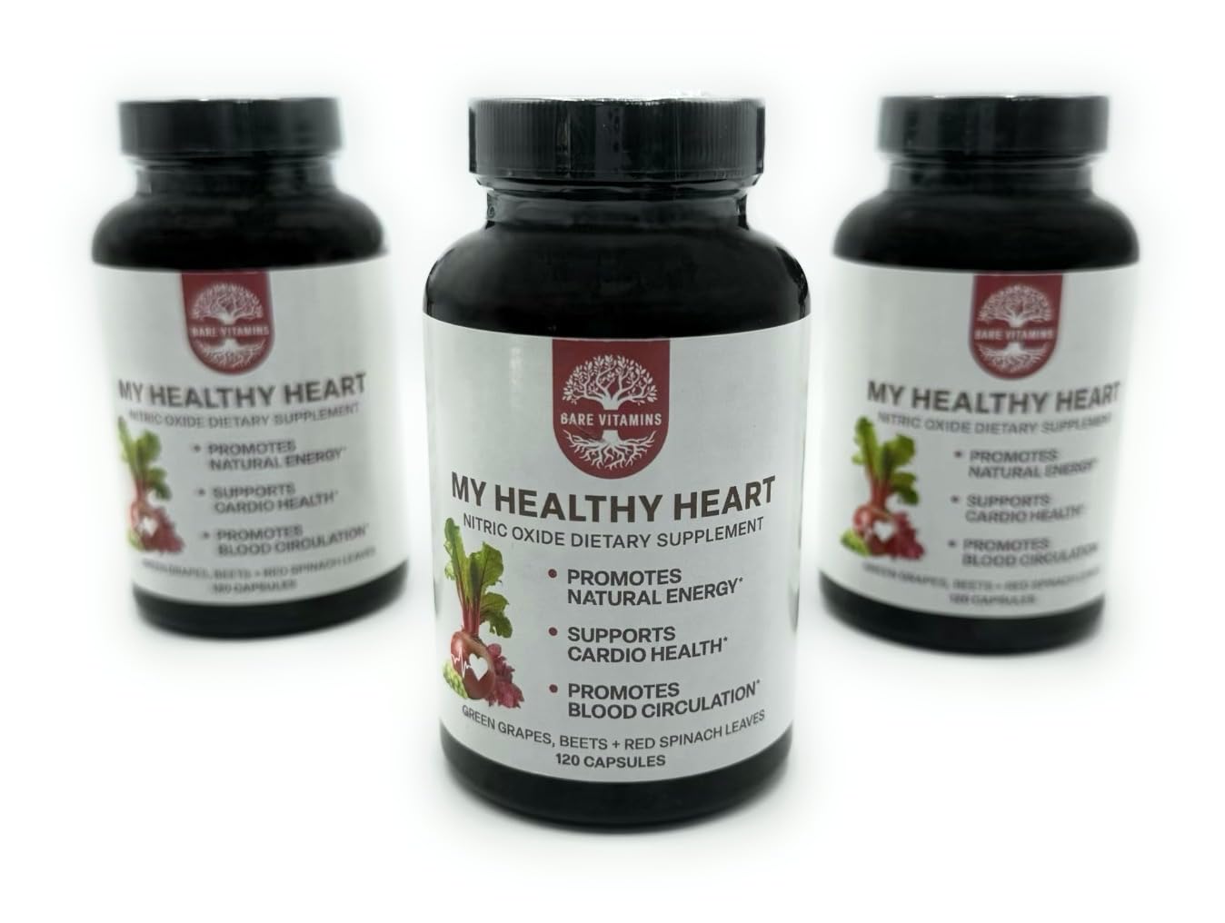Close-up of supplement bottle with heart health imagery