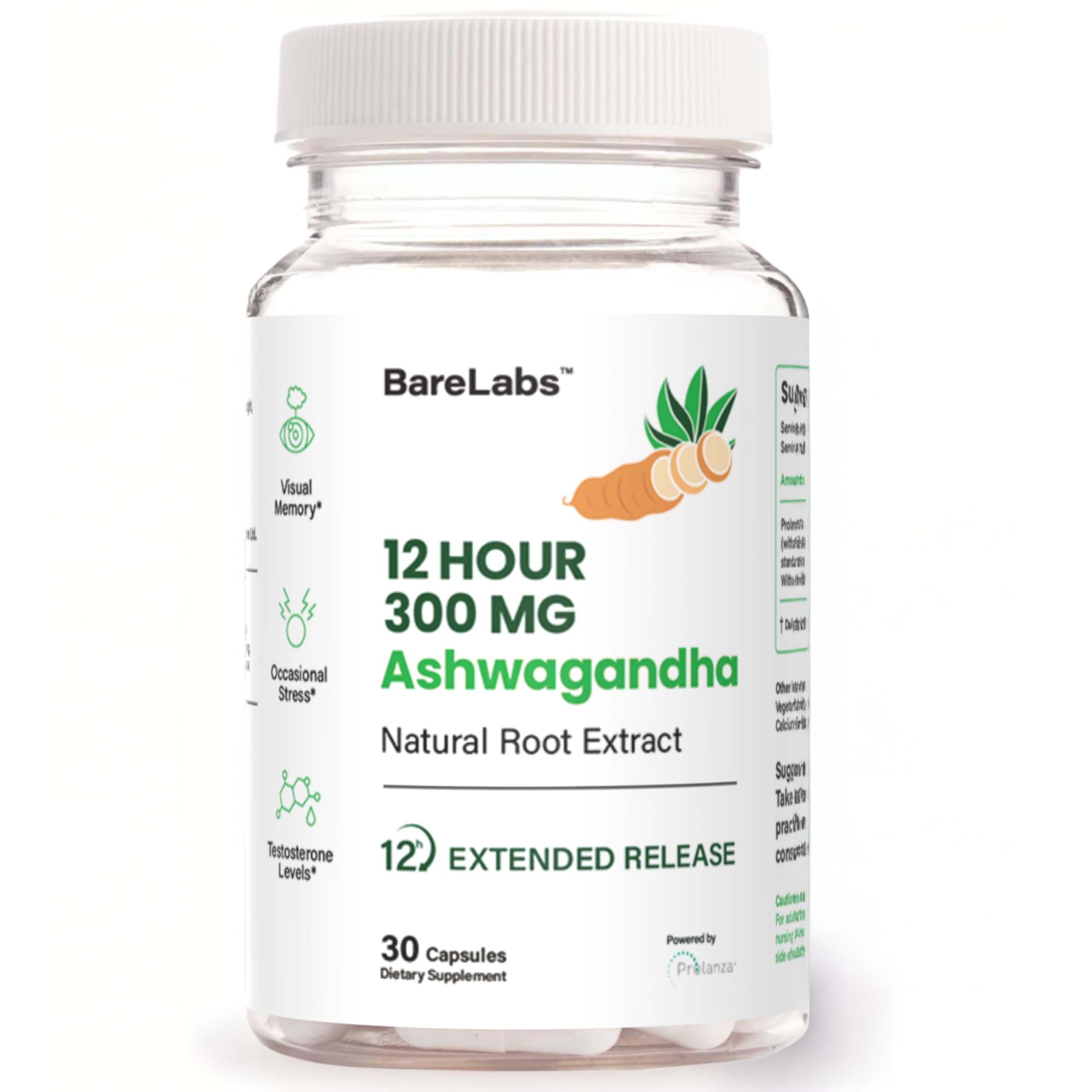 Front view of BareLabs Ashwagandha 300mg Prolanza 12HR Time Release bottle
