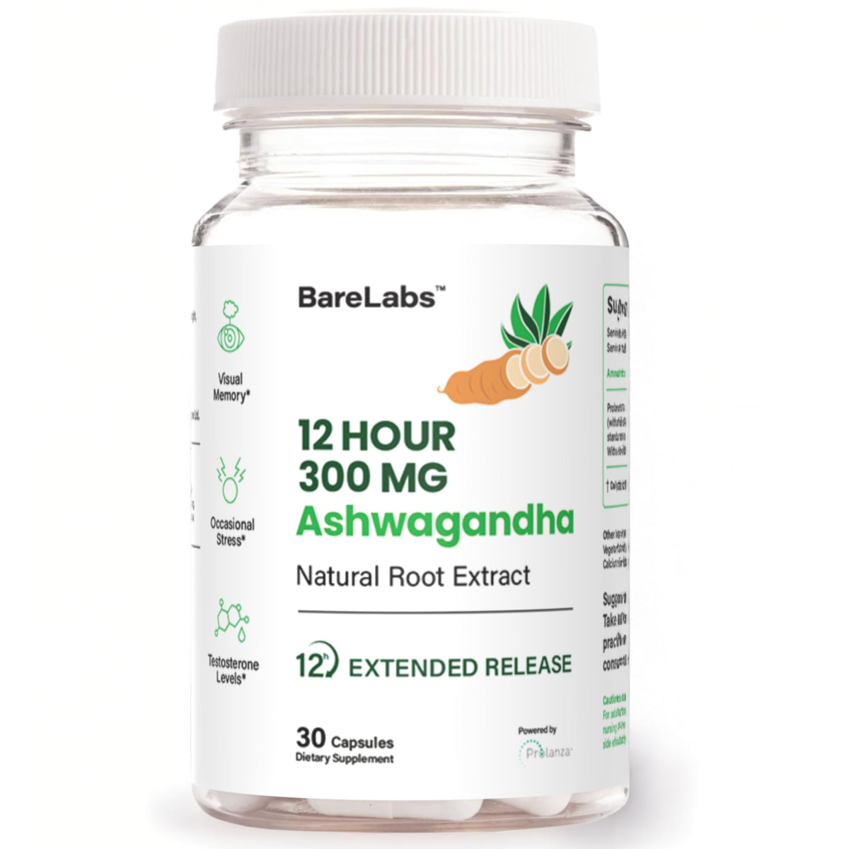Front view of BareLabs Ashwagandha 300mg Prolanza 12HR Time Release bottle