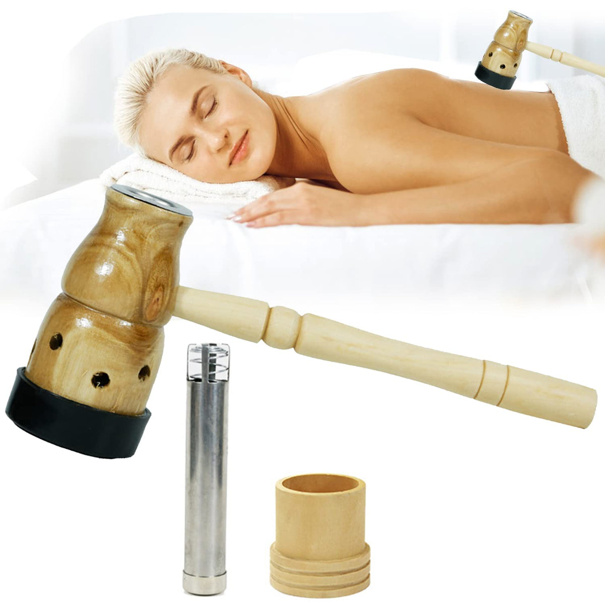 Barelove wooden moxa stick burner holder with lid and push tool