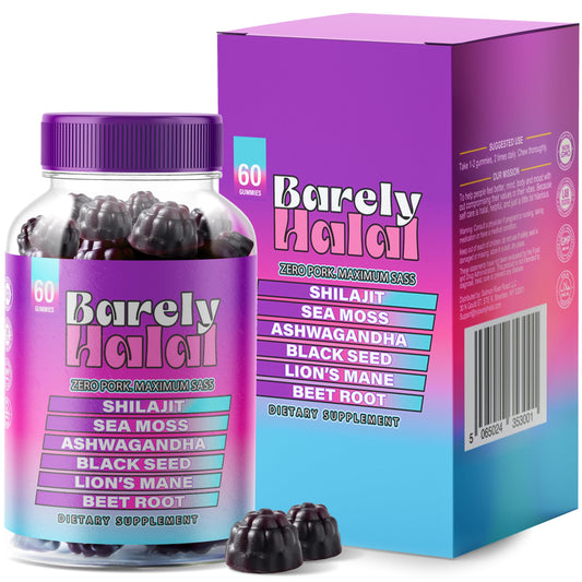 Front view of Barely Halal Ashwagandha Gummies bottle – 60 gummies