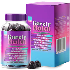 Front view of Barely Halal Ashwagandha Gummies bottle – 60 gummies