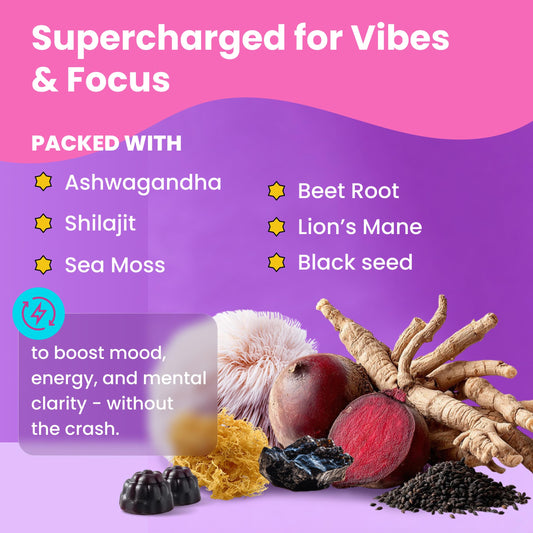 Gummies ingredients include Ashwagandha, Shilajit, Sea Moss, Lion's Mane, Black Seed and Beet Root