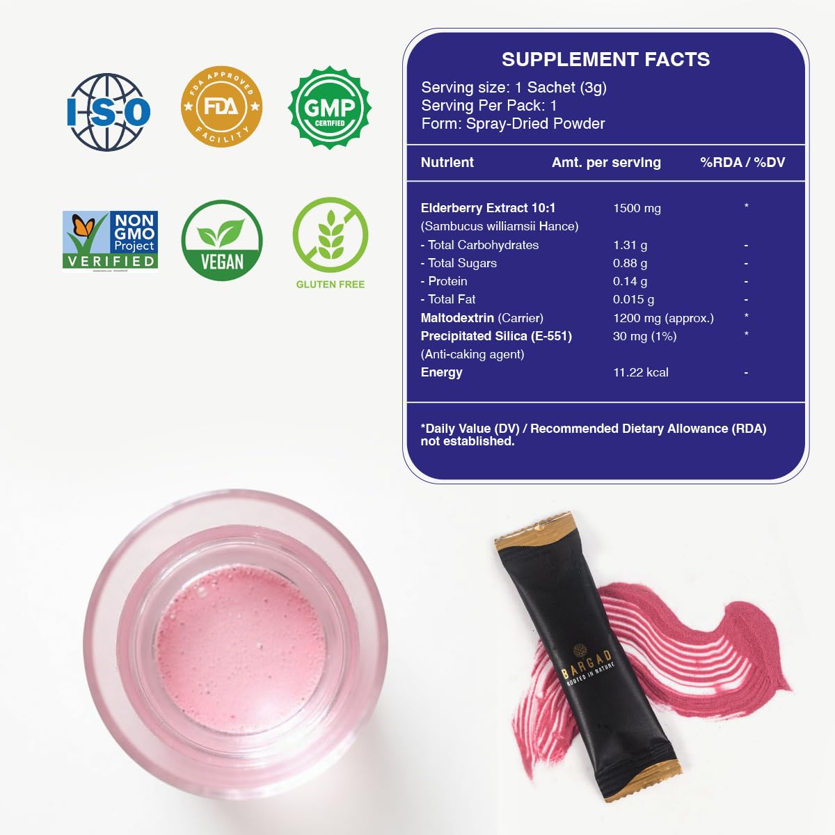 Single elderberry juice powder sachet, ready to use