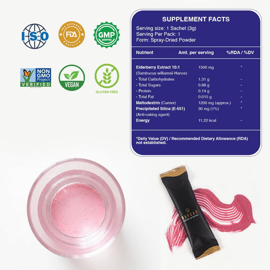 Single elderberry juice powder sachet, ready to use