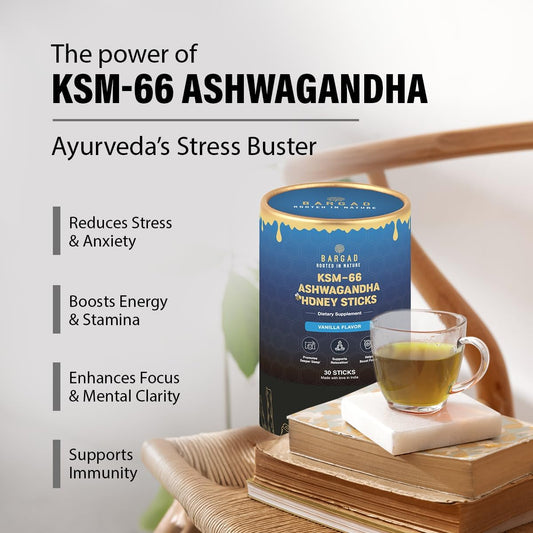 Close-up of Bargad KSM-66 Ashwagandha honey sticks