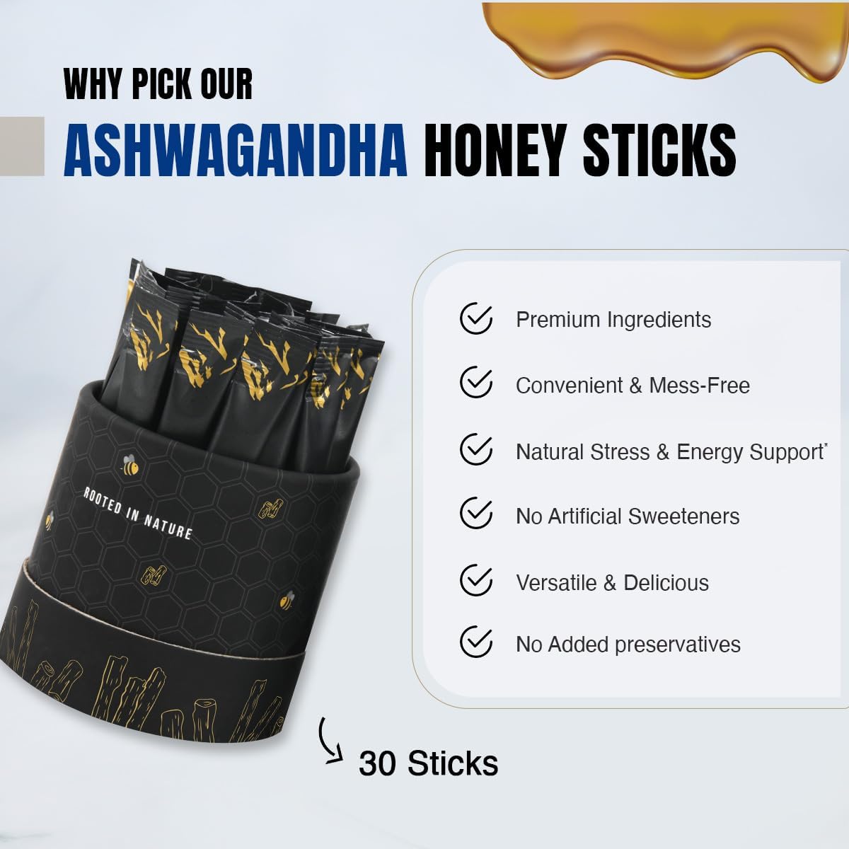Single Bargad Ashwagandha honey stick showing 400mg blend