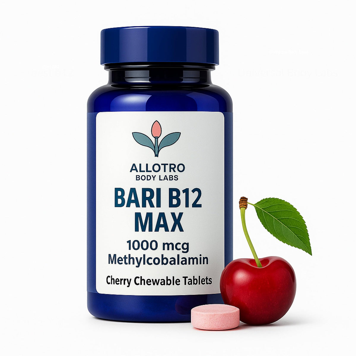 Bari B12 Max 1000mcg methylcobalamin cherry-flavored chewable tablets bottle label