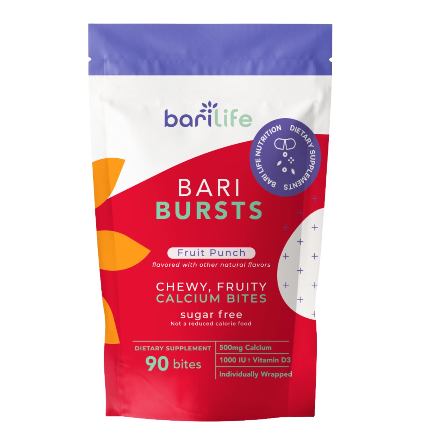Bari Burst calcium citrate chews bottle with fruit punch flavor for daily bone support.