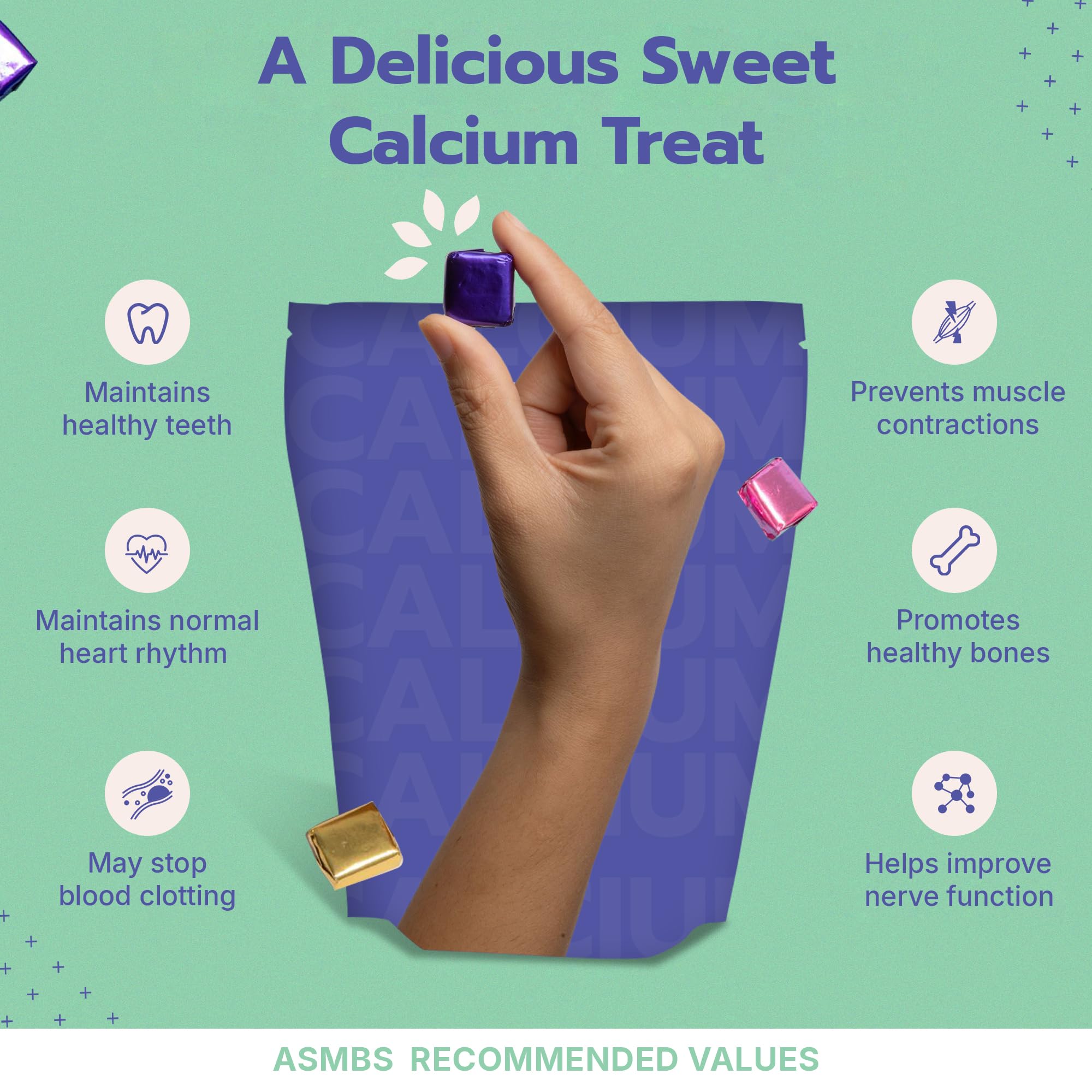 Close-up of Bari Burst calcium citrate chews vitamin D3 ingredients label.