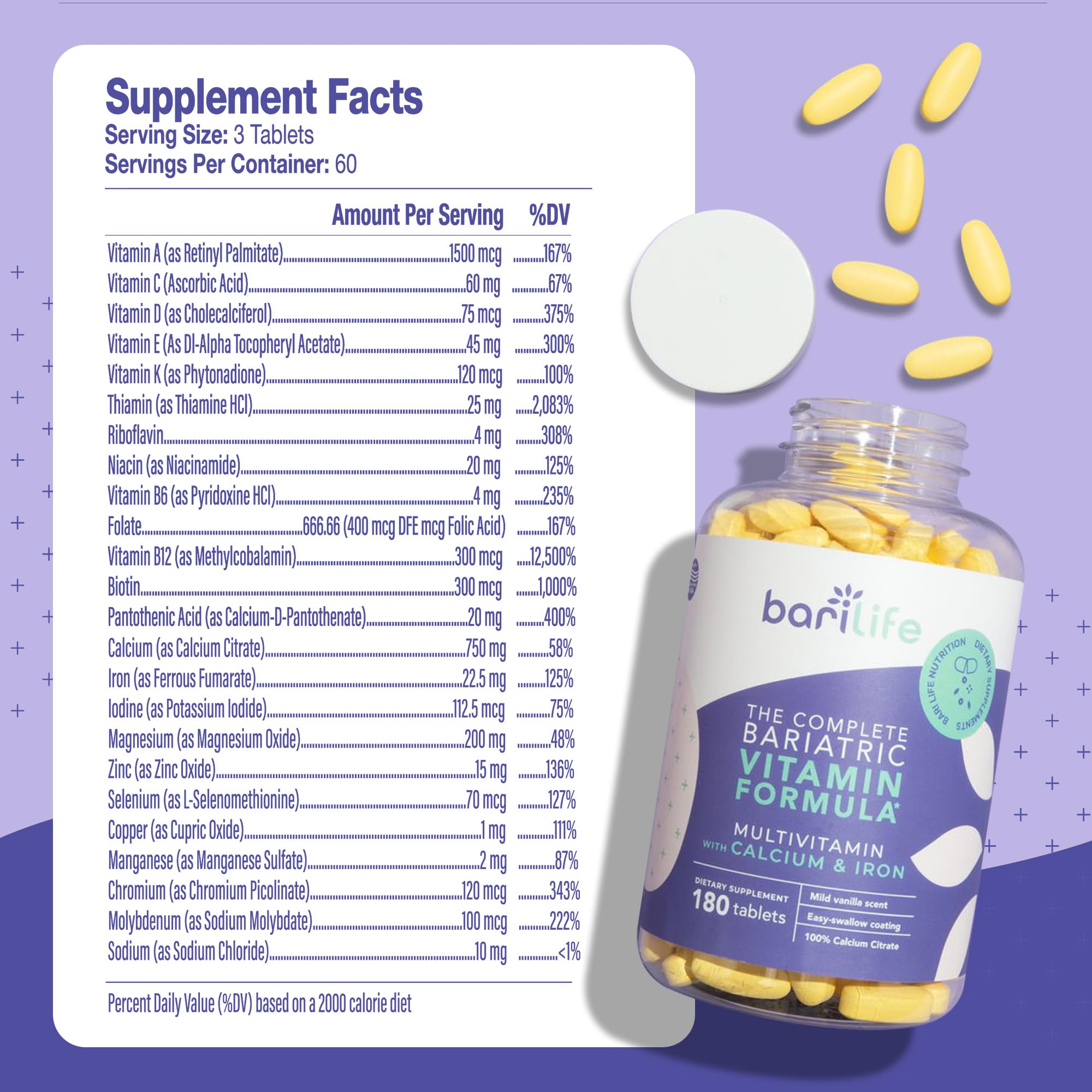 Close-up of Bari Life bariatric multivitamin tablets