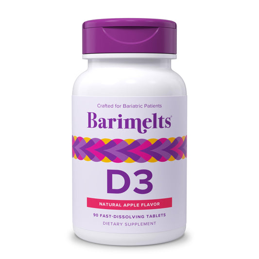 Front view of BariMelts Vitamin D3 5000 IU bottle and tablets
