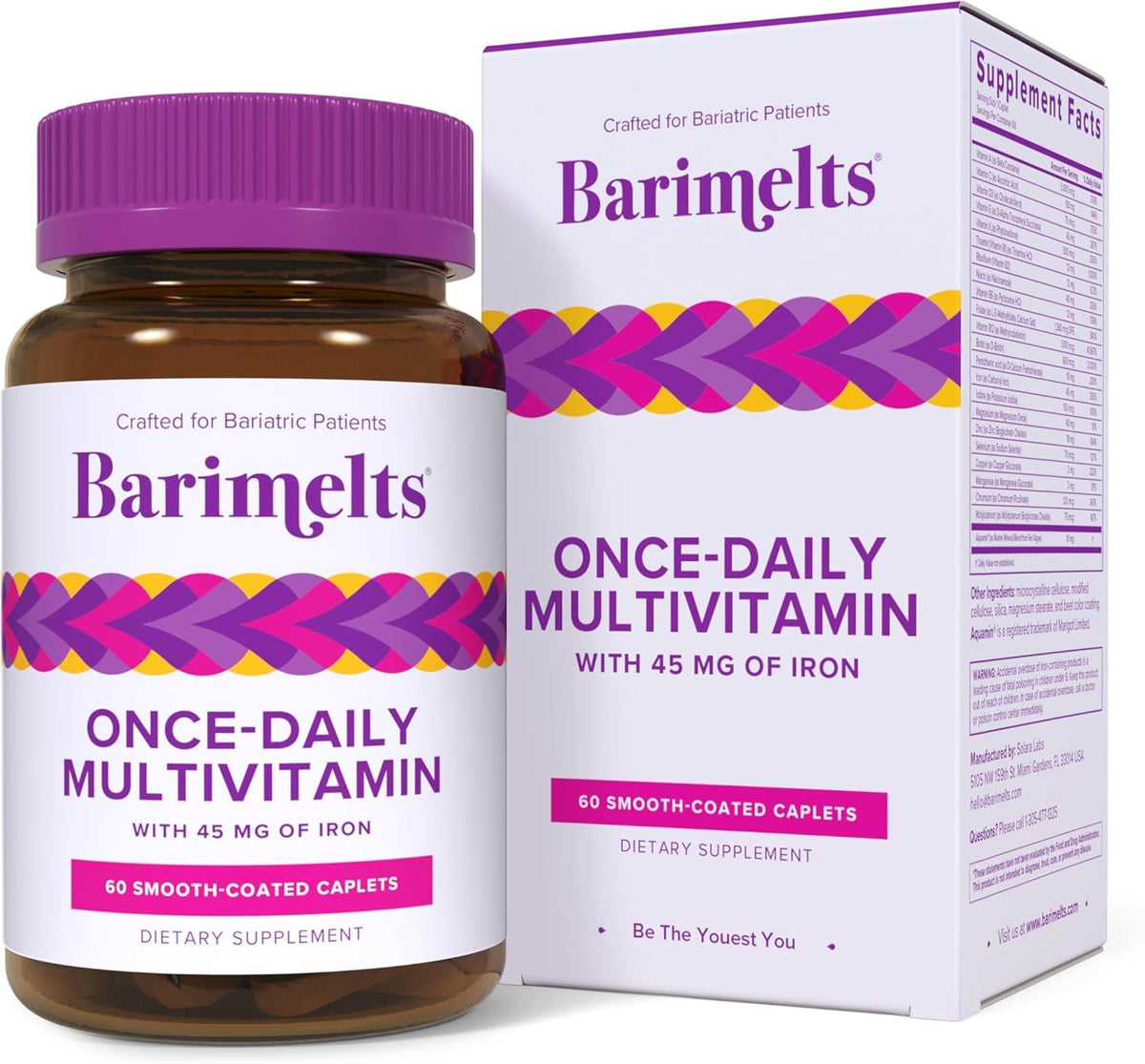 Front view of BariMelts Once Daily Bariatric Multivitamin bottle with 60 caplets