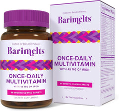 Front view of BariMelts Once Daily Bariatric Multivitamin bottle with 60 caplets
