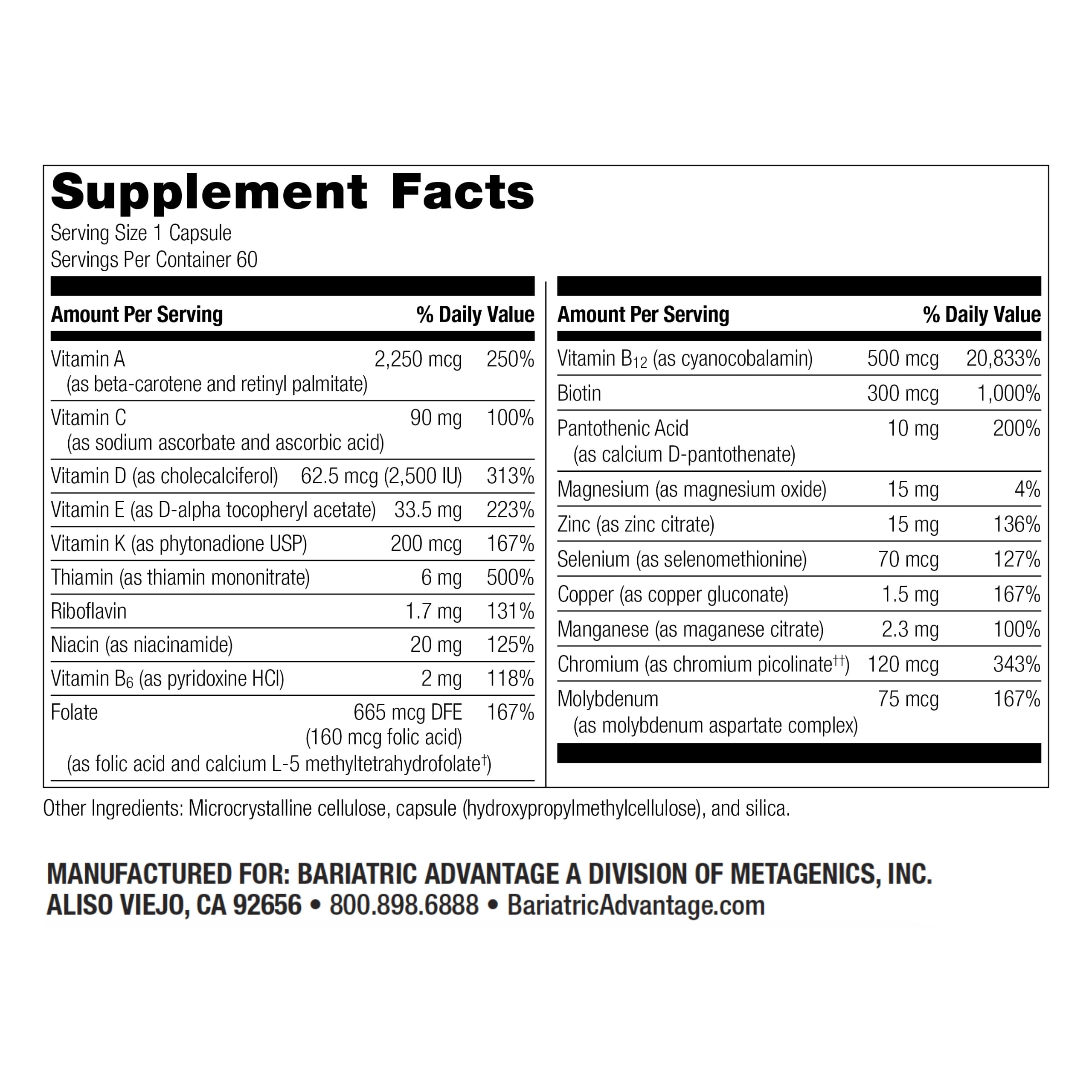 Label of Bariatric Advantage ADEK Multi vitamin bottle showing 60 capsules