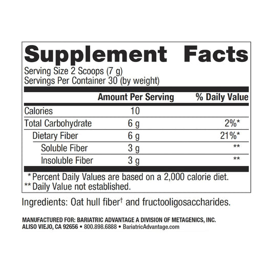 Back panel showing usage directions and nutrition facts for Advanced Fiber