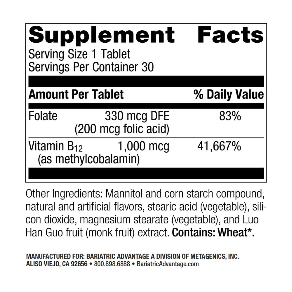 Back label with dosage information for Bariatric Advantage B-12 Speedy Melts