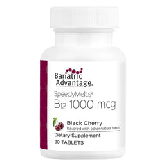 Bottle and packaging of Bariatric Advantage B-12 Speedy Melts, Black Cherry flavor