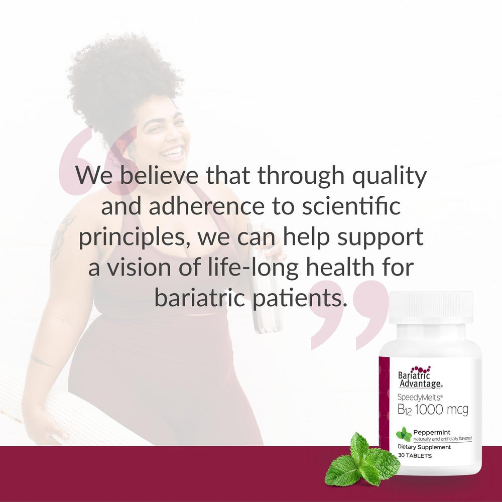 Box and bottle displaying Bariatric Advantage B-12 Speedy Melts Peppermint