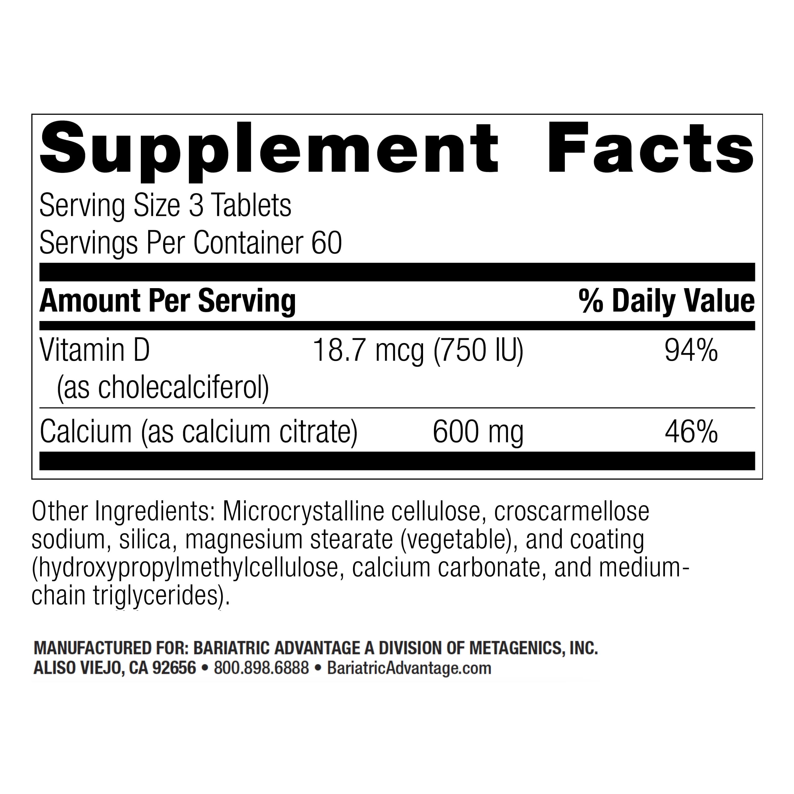 Bottle of Bariatric Advantage calcium citrate 600 mg 180 tablets