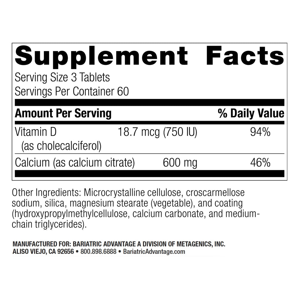Bottle of Bariatric Advantage calcium citrate 600 mg 180 tablets