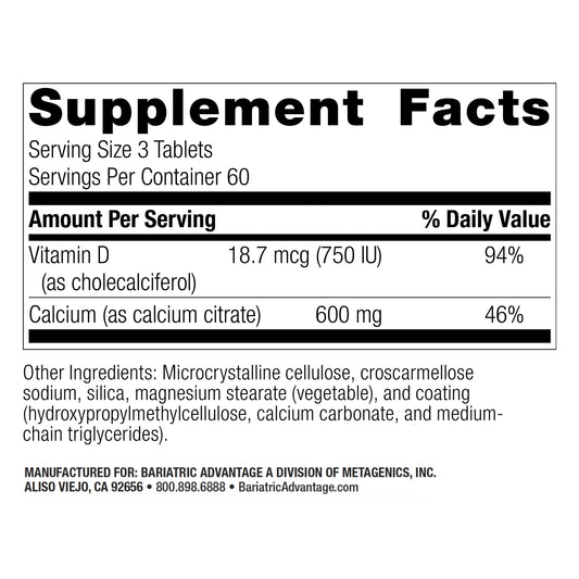 Bottle of Bariatric Advantage calcium citrate 600 mg 180 tablets