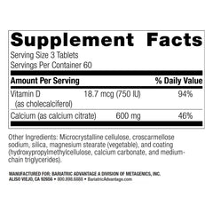 Bottle of Bariatric Advantage calcium citrate 600 mg 180 tablets