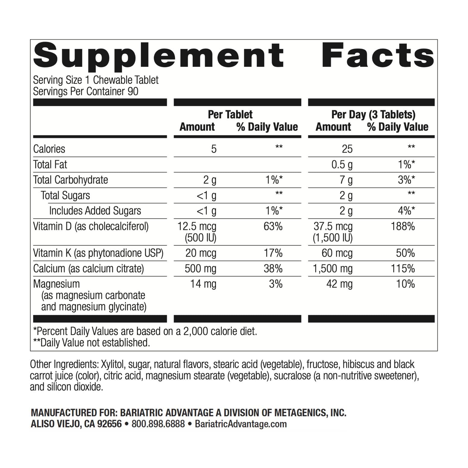 Close-up of chewable calcium citrate tablets showing 500 mg each