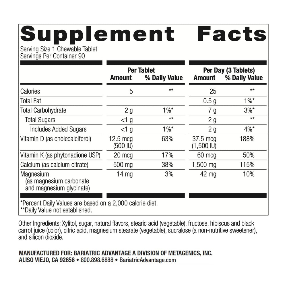 Close-up of chewable calcium citrate tablets showing 500 mg each