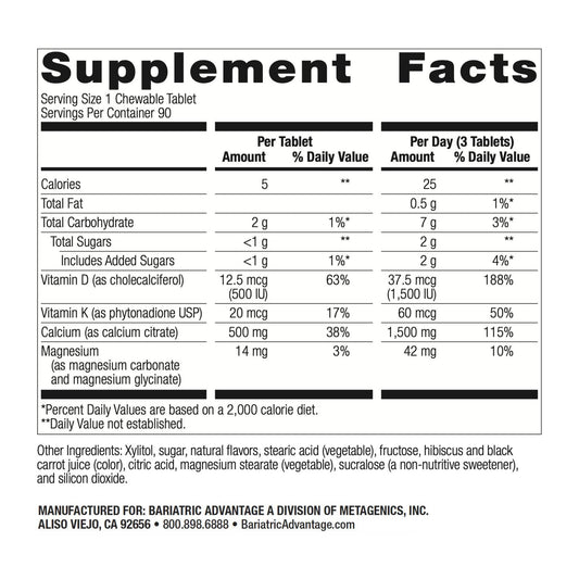 Close-up of chewable calcium citrate tablets showing 500 mg each