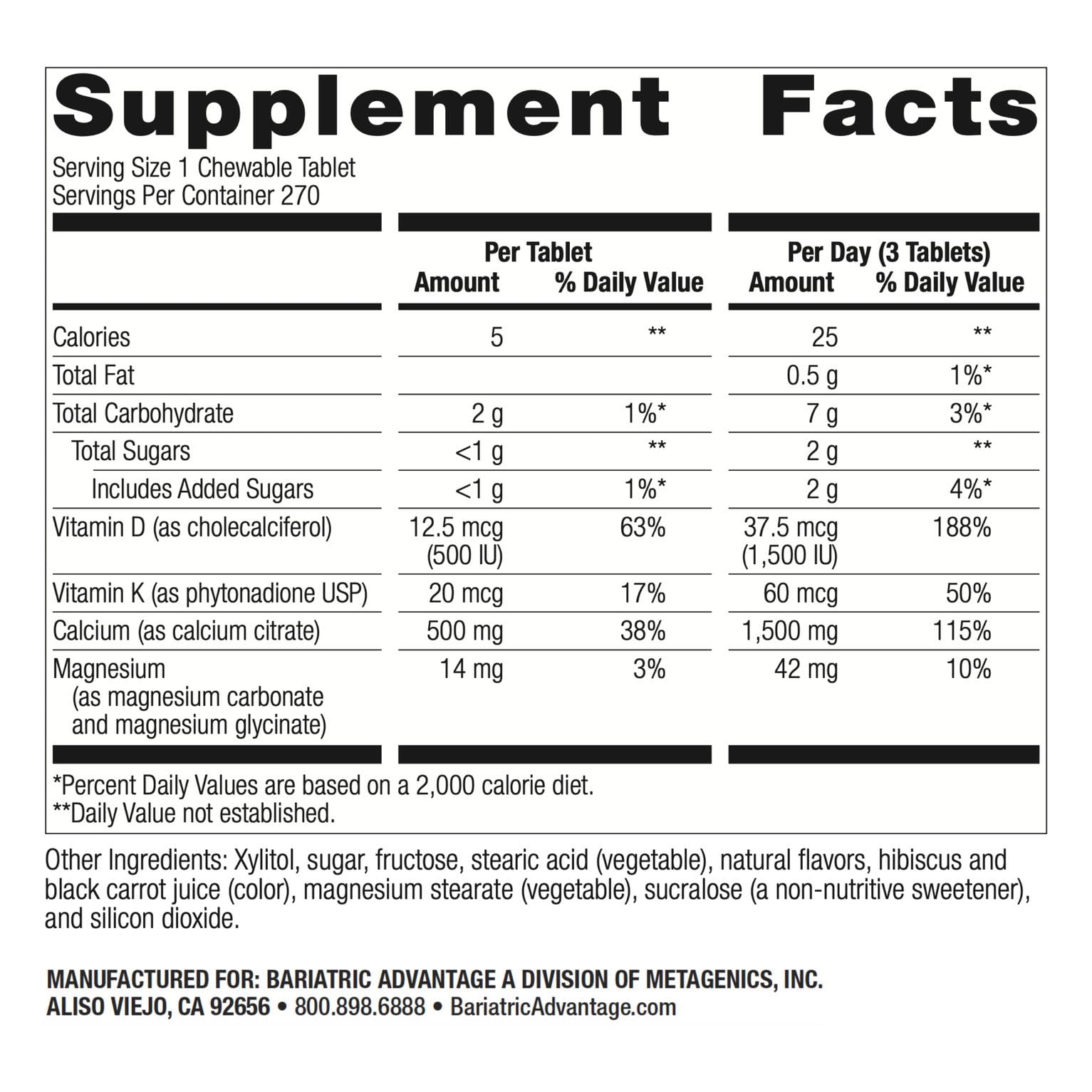 Bottle label highlighting 500 IU Vitamin D3 on Bariatric Advantage product