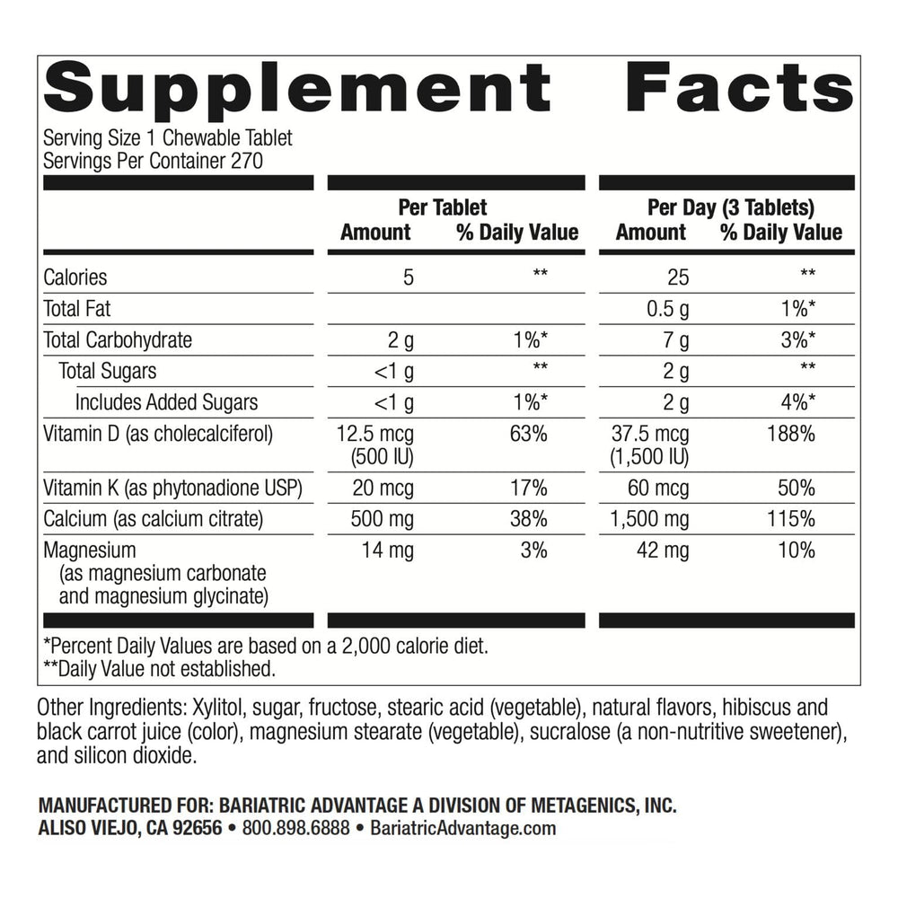 Bottle label highlighting 500 IU Vitamin D3 on Bariatric Advantage product