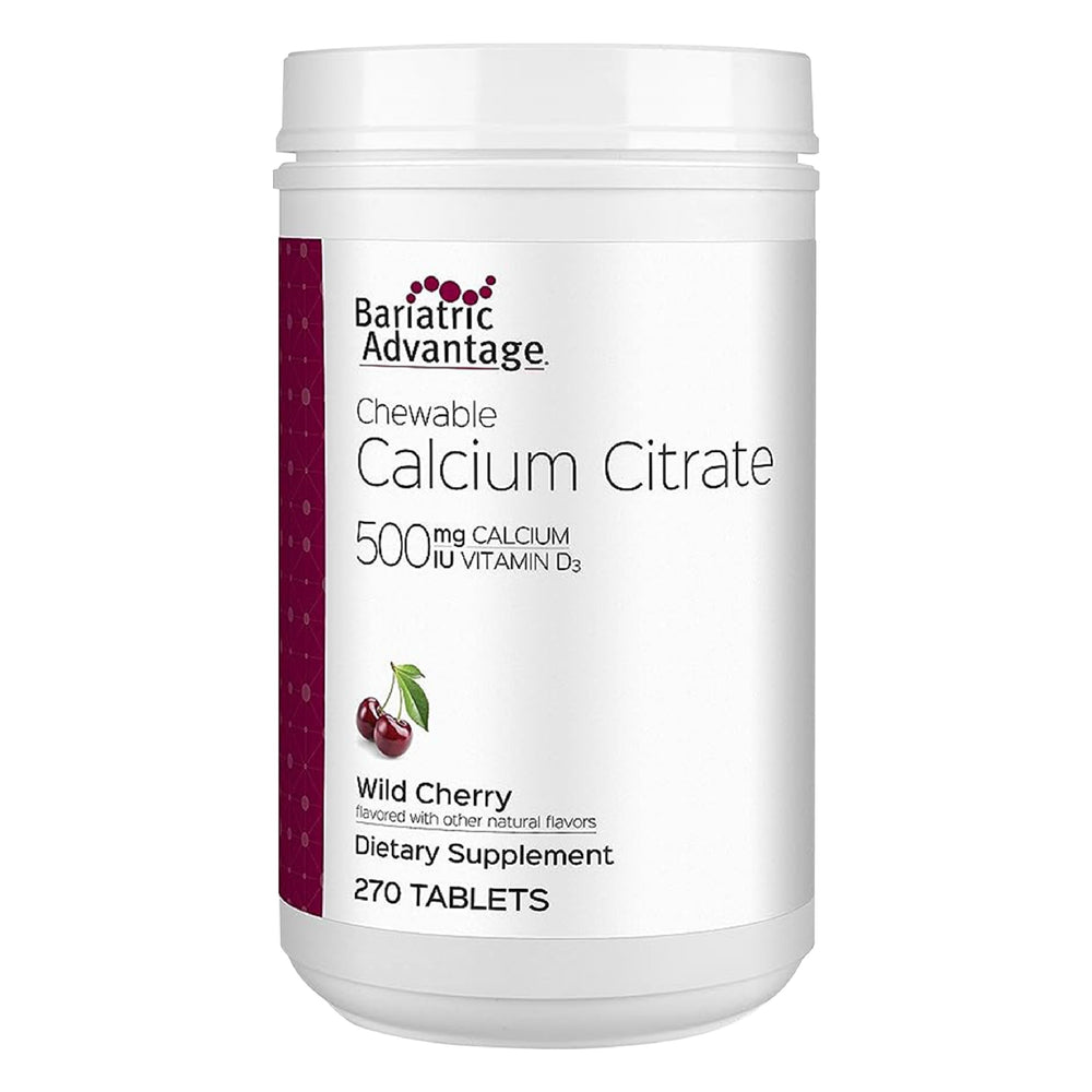 Product bottle and packaging for Bariatric Advantage Calcium Citrate Chewable 500mg with Vitamin D3, Wild Cherry flavor