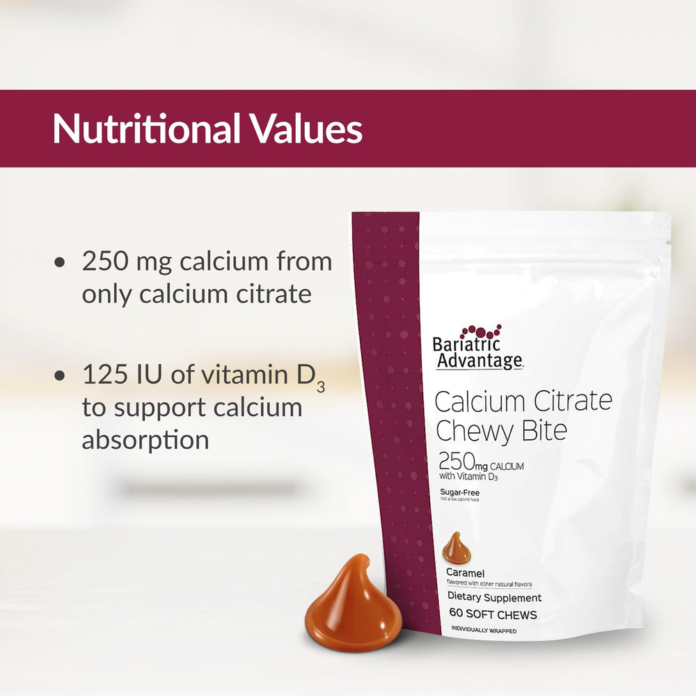 Nutrition facts panel for Bariatric Advantage calcium citrate chewy bites